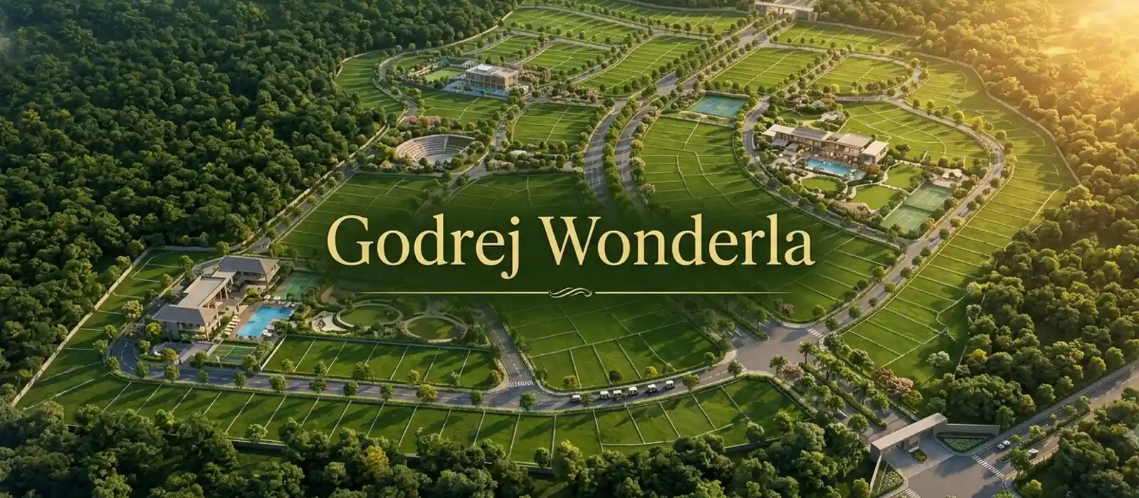 Godrej Wonderla aerial plot layout Aerial view of the Godrej Wonderla plotted layout with internal roads and green cover, Thiruporur